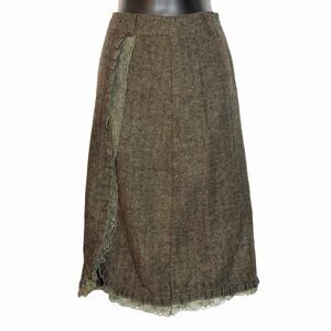 VTG 90s Y2K STYLE A LINE TWEED & LACE SKIRT KHAKI GREEN GRUNGE BOHO ACADEMIA S
